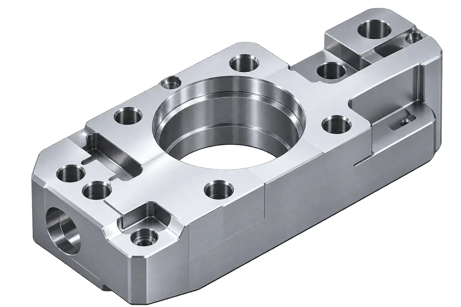 Isometric precision-machined industrial component with engineering annotations